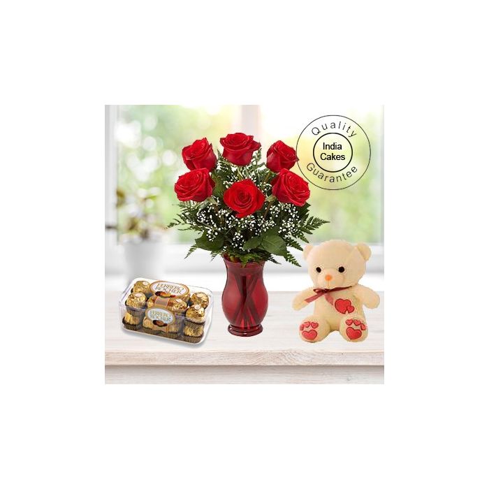 6 RED ROSES BUNCH , 16 PCS FERRERO ROCHER CHOCOLATES AND 1 TEDDY BEAR 6 RED ROSES BUNCH , 16 PCS FERRERO ROCHER CHOCOLATES AND 1 TEDDY BEAR