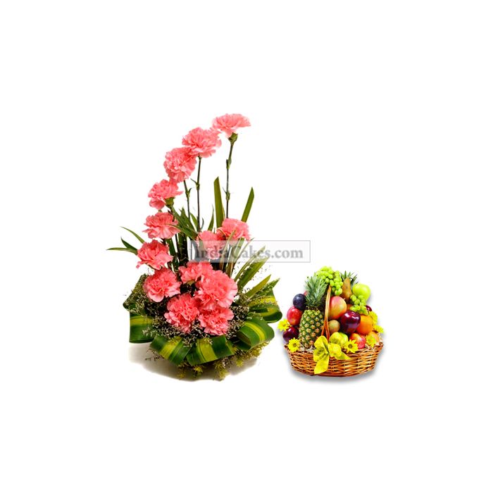 Arrangement of 20 Carnation and 4 Kg Mix Fruits Arrangement of 20 Carnation and 4 Kg Mix Fruits
