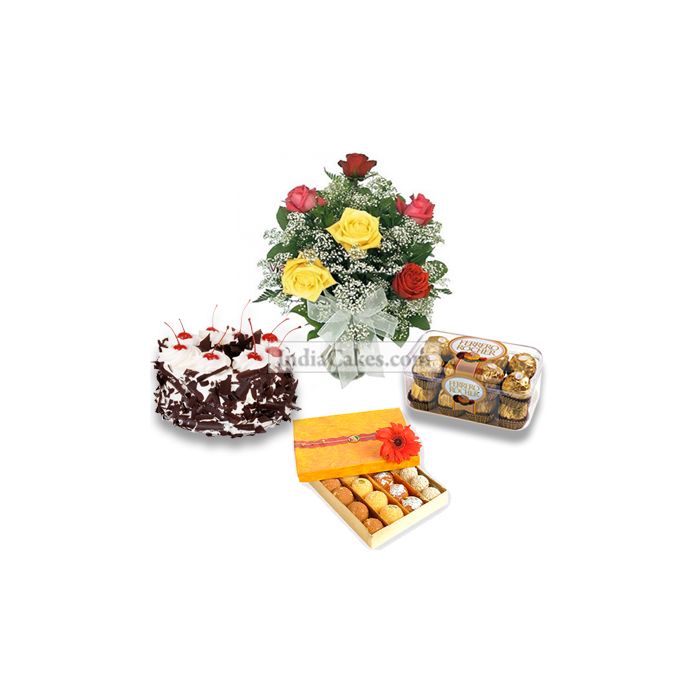 Half Kg Black Forest Cake- 16 Ferero Rocher Chocolates-Half Kg Assorted Sweets-6 Mix Roses Half Kg Black Forest Cake- 16 Ferero Rocher Chocolates-Half Kg Assorted Sweets-6 Mix Roses