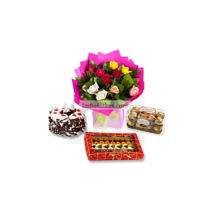 1/2 Kg Black Forest Cake 16 Pcs Ferero Rocher Chocolates 1/4 Kg Assorted Sweets 10 Mix Roses