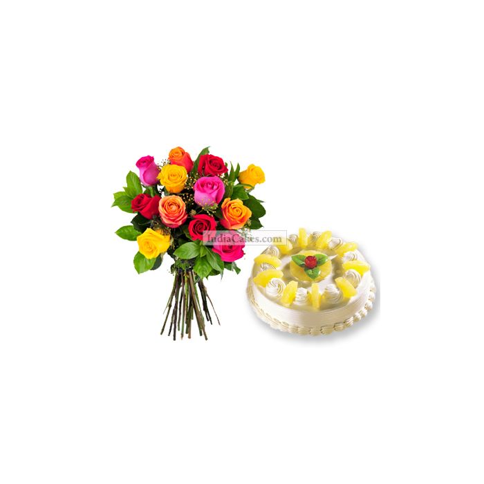 1/2 Kg Eggless Pineapple Cake with 6 Mix Roses Bunch 1/2 Kg Eggless Pineapple Cake with 6 Mix Roses Bunch