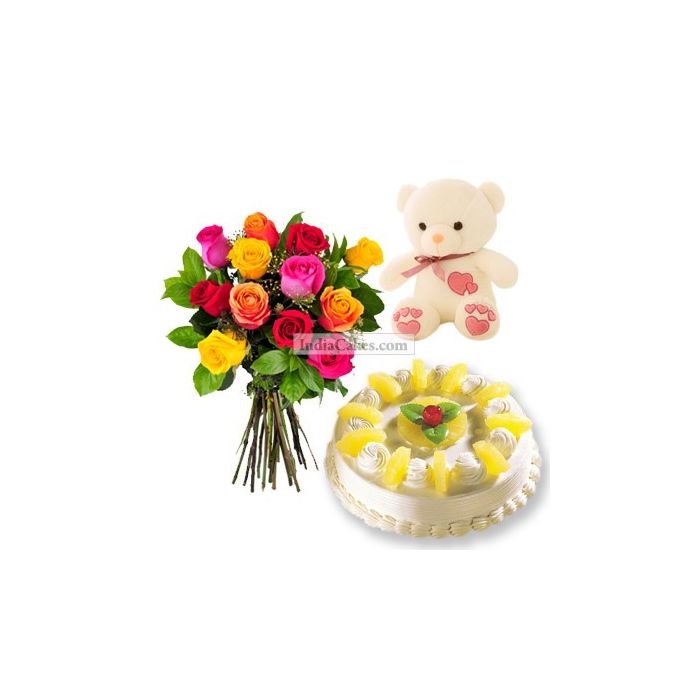 Eggless Pineapple Cake 1 Kg with 6 Mix Roses Bunch and a Teddy Bear Eggless Pineapple Cake 1 Kg with 6 Mix Roses Bunch and a Teddy Bear
