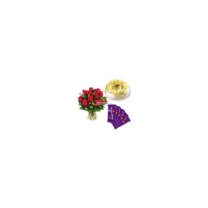 Eggless Pineapple Cake Half Kg with 6 Red Roses Bunch and 5 Chocolates Eggless Pineapple Cake Half Kg with 6 Red Roses Bunch and 5 Chocolates