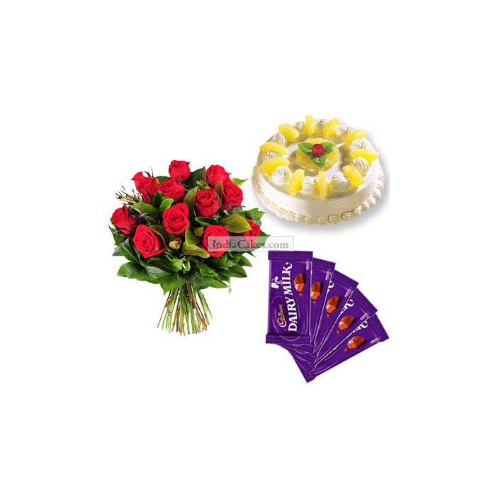 Half Kg Pineapple Cake-6 Red Roses Bunch-5 Chocolates Half Kg Pineapple Cake-6 Red Roses Bunch-5 Chocolates