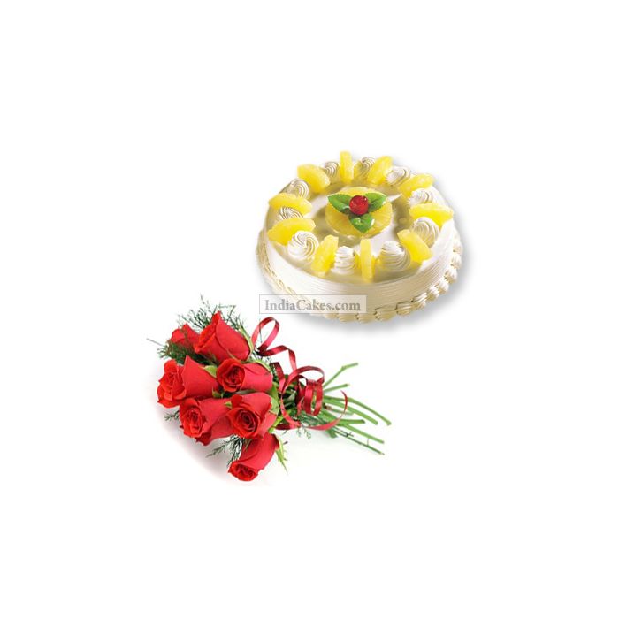 Eggless Pineapple Cake 1 Kg with 6 Red Roses Bunch Eggless Pineapple Cake 1 Kg with 6 Red Roses Bunch
