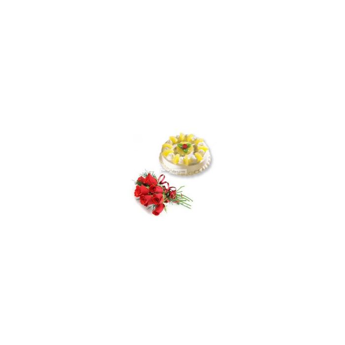 Pineapple Cake Half Kg with 6 Red Roses Bunch