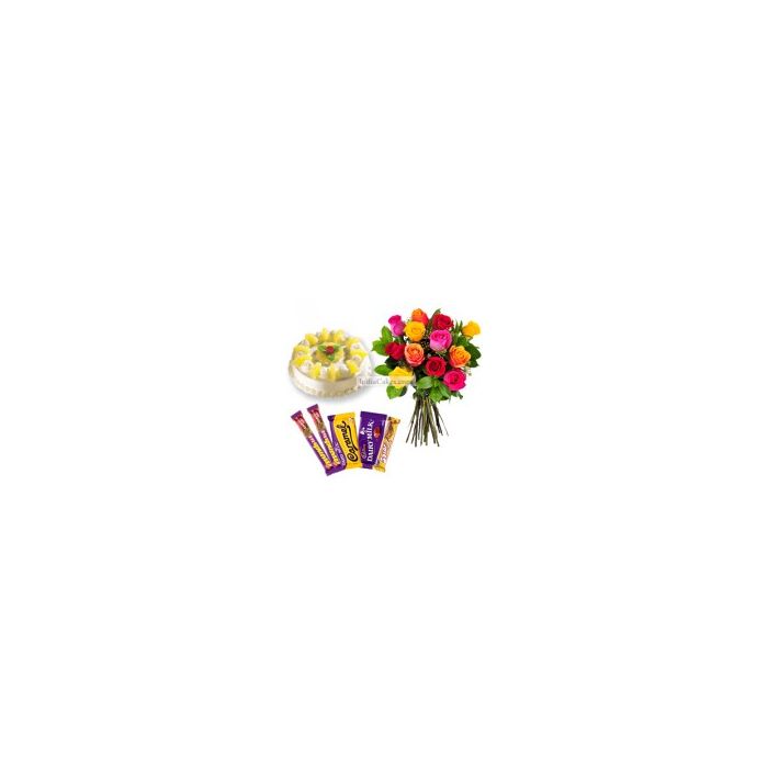 Eggless Pineapple Cake Half Kg with 6 Mix Roses Bunch and 5 Chocolates Eggless Pineapple Cake Half Kg with 6 Mix Roses Bunch and 5 Chocolates