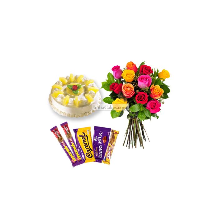 Half Kg Pineapple Cake-6 Mix Roses Bunch-5 Chocolates Half Kg Pineapple Cake-6 Mix Roses Bunch-5 Chocolates