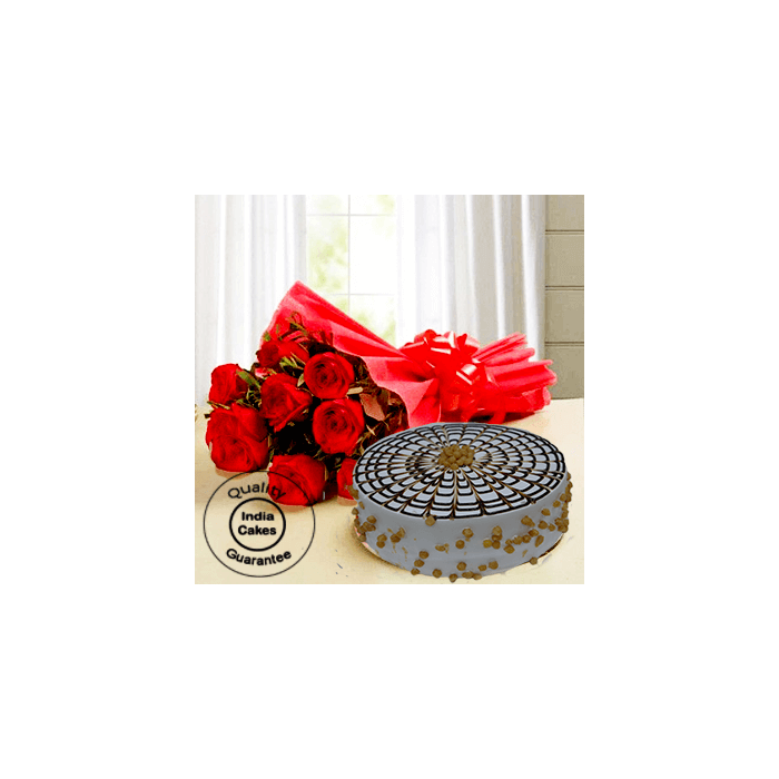 Online Butterscotch Half Kg Cake with 9 Red Roses Online Butterscotch Half Kg Cake with 9 Red Roses