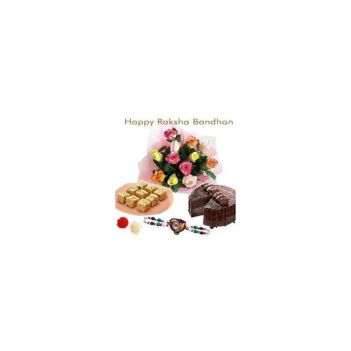 10 Mix Roses With Half Kg Chocolate Cake Half Kg Sohan Papdi With Rakhi