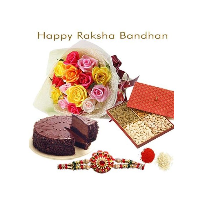 15 Mix Roses With Half Kg Assorted Dry Fruits With Half Kg Chocolate Cake With Rakhi 15 Mix Roses With Half Kg Assorted Dry Fruits With Half Kg Chocolate Cake With Rakhi