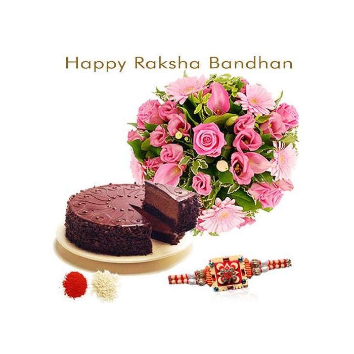 15 Mix Seasonal Pink Flowers Hand Bunch Half Kg Chocolate Cake Rakhi
