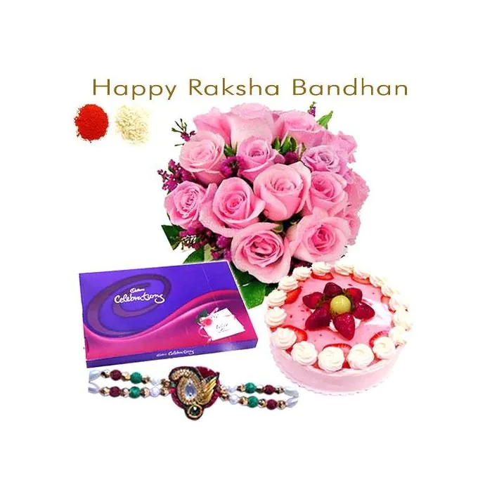 15 Pink Roses Bunch Half Kg Strawberry Cake Cadbury Celebration With Rakhi 15 Pink Roses Bunch Half Kg Strawberry Cake Cadbury Celebration With Rakhi