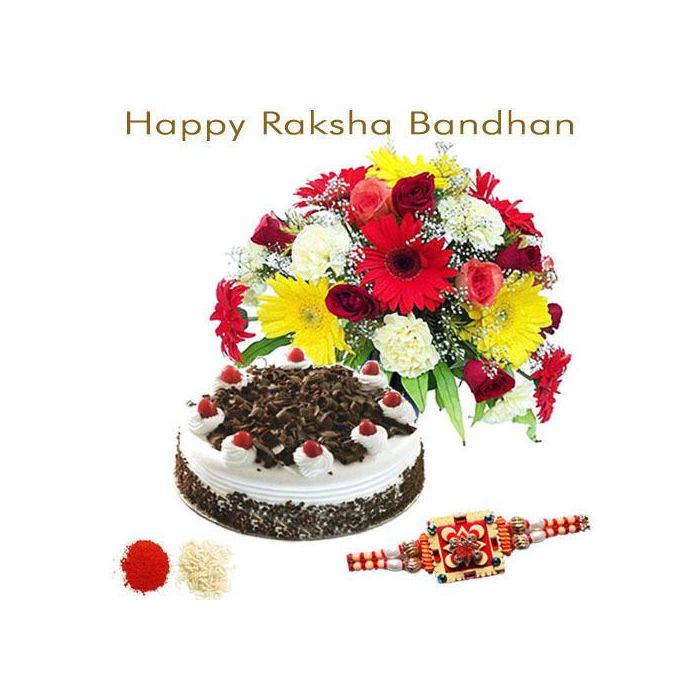 15 Seasonal Flower Bunch With Half Kg Black Forest With Rakhi 15 Seasonal Flower Bunch With Half Kg Black Forest With Rakhi