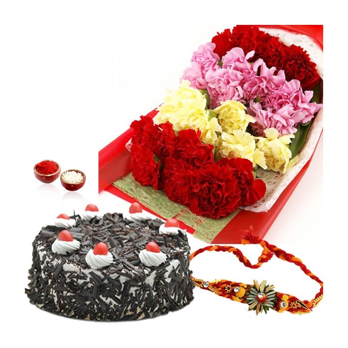20 Mix Carnation With Half Kg Black Forest Cake Rakhi 20 Mix Carnation With Half Kg Black Forest Cake Rakhi