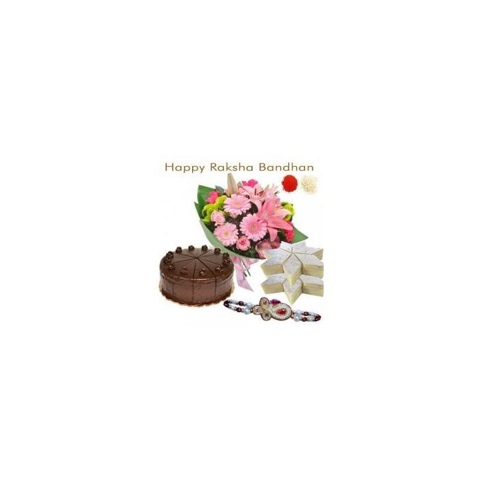 20 Mix Flowers With Half Kg Chocolate Cake Kaju Katali With Rakhi 20 Mix Flowers With Half Kg Chocolate Cake Kaju Katali With Rakhi