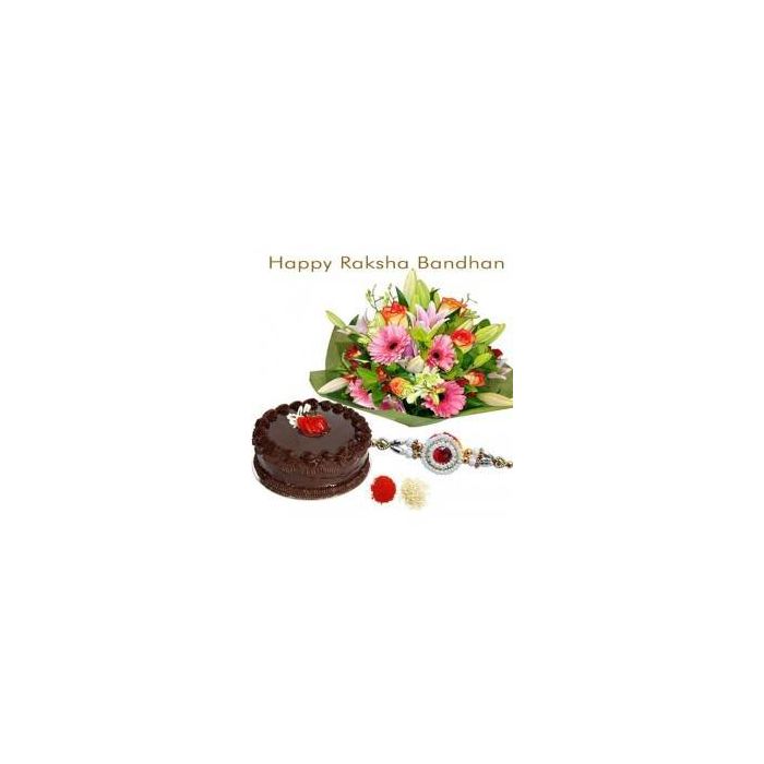 Half Kg Eggless Chocolate Truffle Cake With Bunch of 15 Mix Flowers With Rakhi Half Kg Eggless Chocolate Truffle Cake With Bunch of 15 Mix Flowers With Rakhi