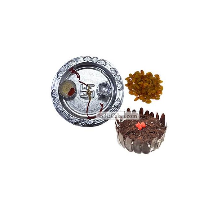 Silver Thali And Half Kg Eggless Black Forest Cake And 250 gms Raisins Dryfruits Silver Thali And Half Kg Eggless Black Forest Cake And 250 gms Raisins Dryfruits