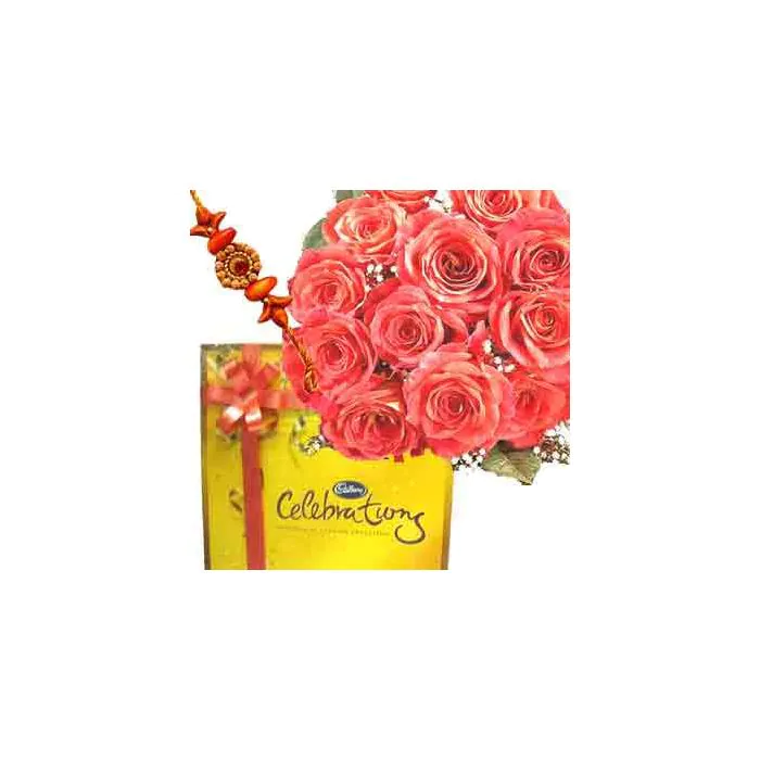 Rakhi with 12 Pink Roses and Cadbury Celebration Rakhi with 12 Pink Roses and Cadbury Celebration