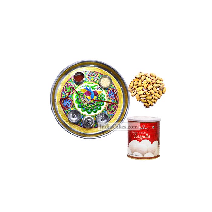 Golden Thali With Green Design And Rasgulla And Pista