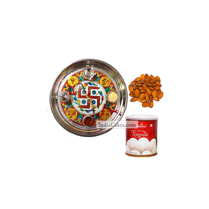 Golden Thali With Red Design And Rasgulla And Almond