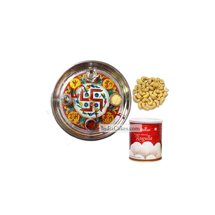 Golden Thali With Red Design And Rasgulla And Cashew