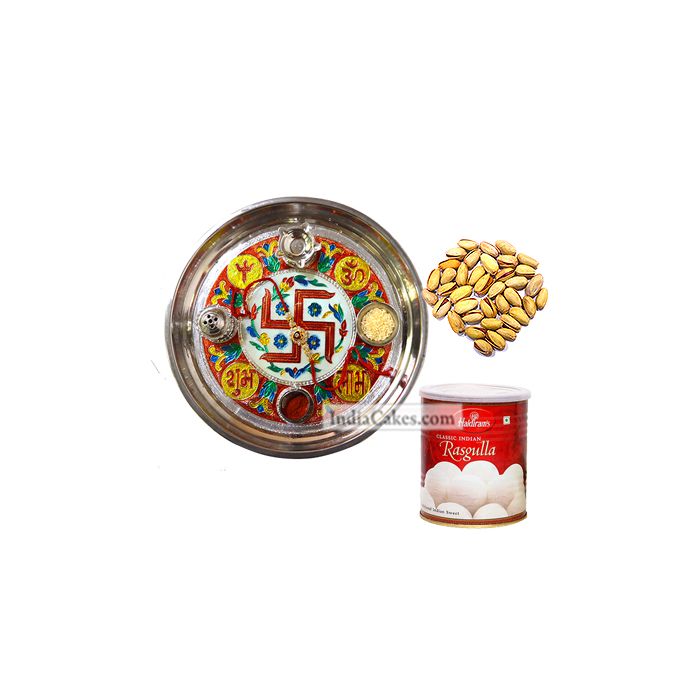 Golden Thali With Red Design And Rasgulla And Pista