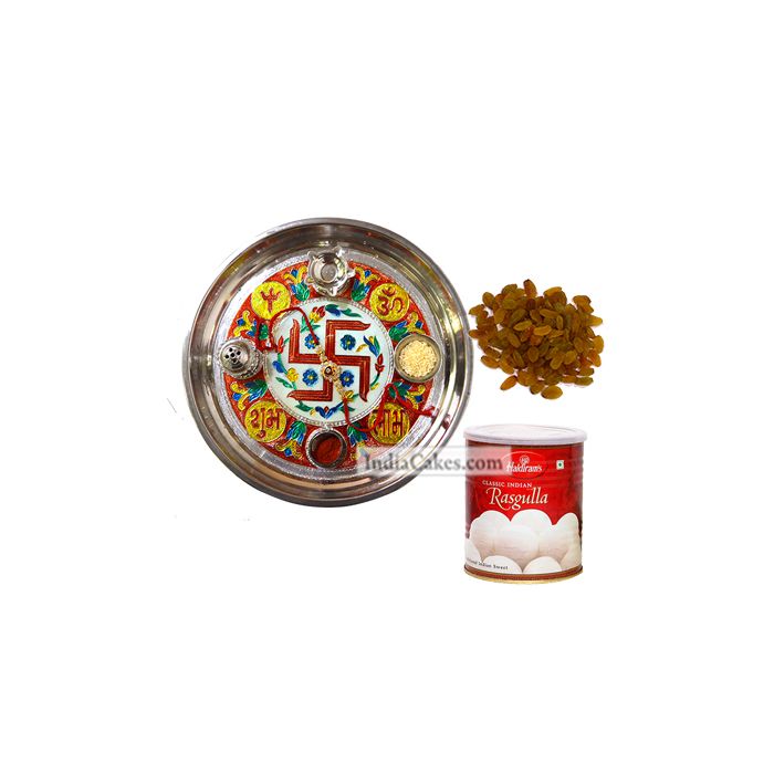 Golden Thali With Red Design And Rasgulla And Raisins