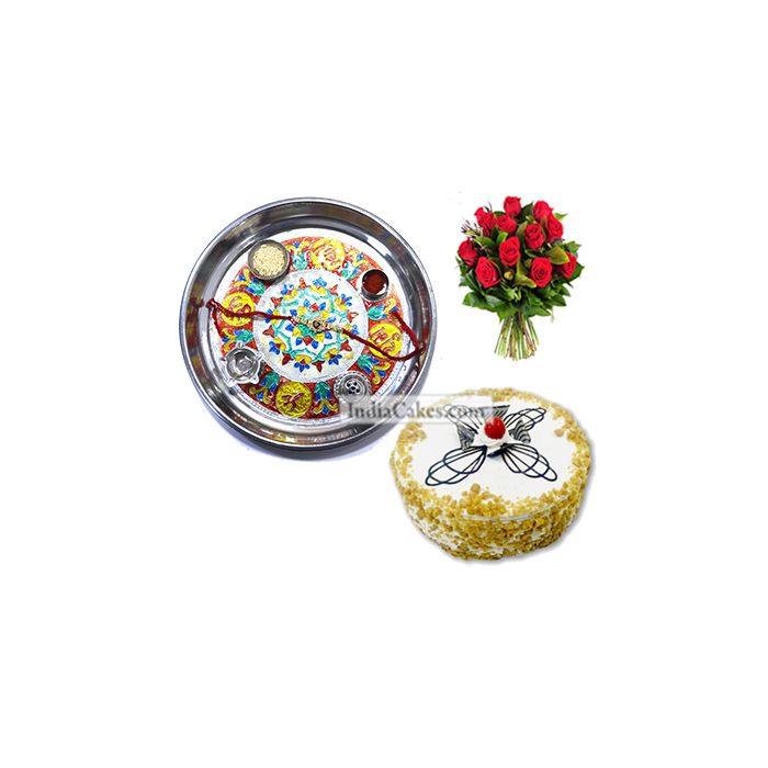 Silver Thali With Design And Half Kg Eggless Butterscotch Cake And 10 Red Roses Bunch Silver Thali With Design And Half Kg Eggless Butterscotch Cake And 10 Red Roses Bunch