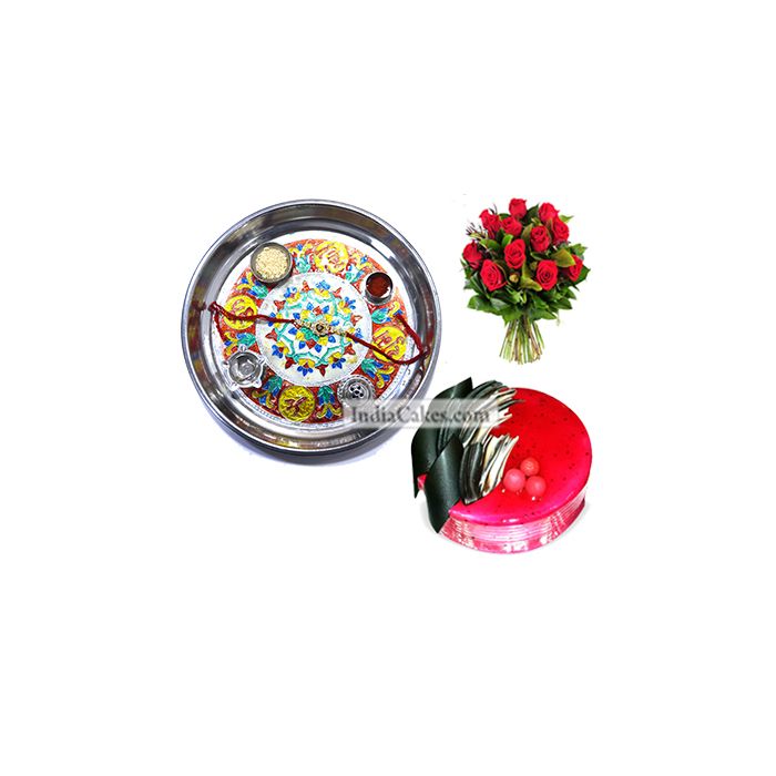 Silver Thali With Design And Half Kg Eggless Strawberry Cake And 10 Red Roses Bunch Silver Thali With Design And Half Kg Eggless Strawberry Cake And 10 Red Roses Bunch