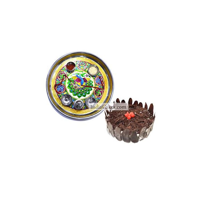 Golden Thali With Green Design And Half Kg Eggless Black Forest Cake Golden Thali With Green Design And Half Kg Eggless Black Forest Cake