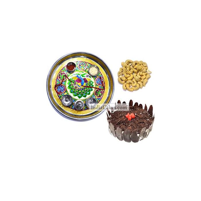 Golden Thali With Green Design And Half Kg Eggless Black Forest Cake And 250 gms Cashew Dryfruits