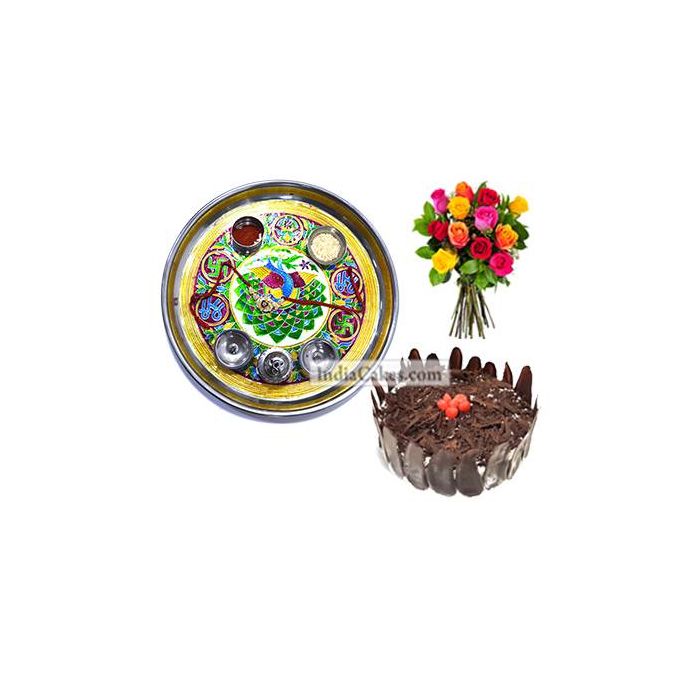 Golden Thali With Green Design And Half Kg Eggless Black Forest Cake And 10 Mix Roses Bunch Golden Thali With Green Design And Half Kg Eggless Black Forest Cake And 10 Mix Roses Bunch