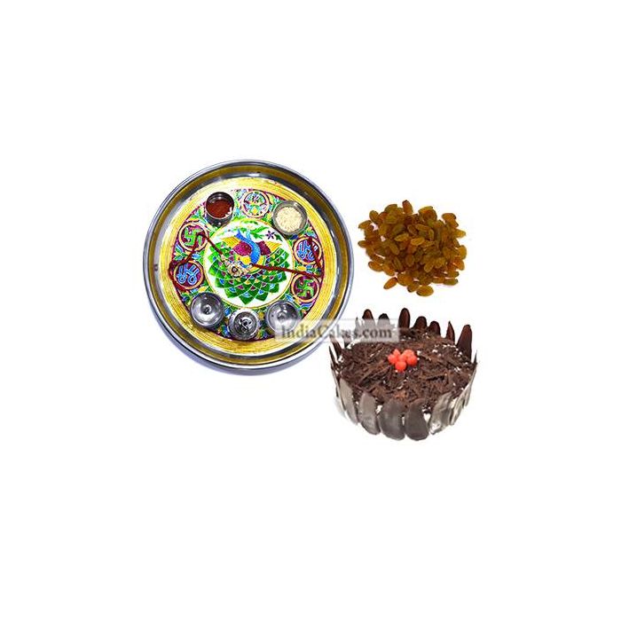 Golden Thali With Green Design And Half Kg Eggless Black Forest Cake And 250 gms Raisins Dryfruits