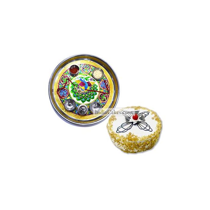 Golden Thali With Green Design And Half Kg Eggless Butterscotch Cake Golden Thali With Green Design And Half Kg Eggless Butterscotch Cake