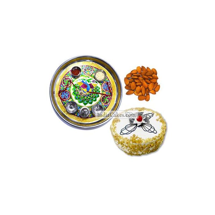 Golden Thali With Green Design And Half Kg Eggless Butterscotch Cake And 250 gms Almond Dryfruits