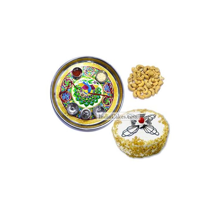 Golden Thali With Green Design And Half Kg Eggless Butterscotch Cake And 250 gms Cashew Dryfruits