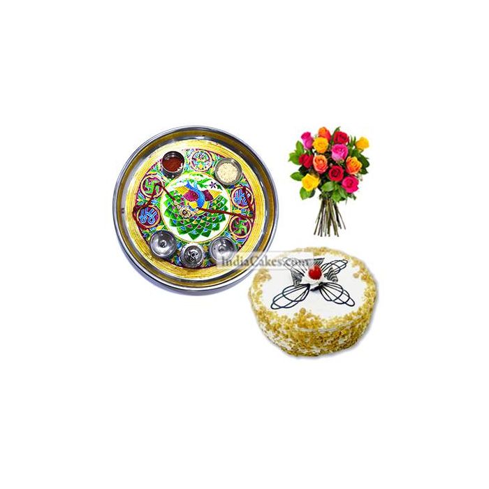 Golden Thali With Green Design And Half Kg Eggless Butterscotch Cake And 10 Mix Roses Bunch Golden Thali With Green Design And Half Kg Eggless Butterscotch Cake And 10 Mix Roses Bunch