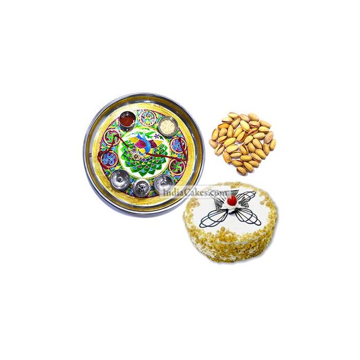 Golden Thali With Green Design And Half Kg Eggless Butterscotch Cake And 250 gms Pista Dryfruits