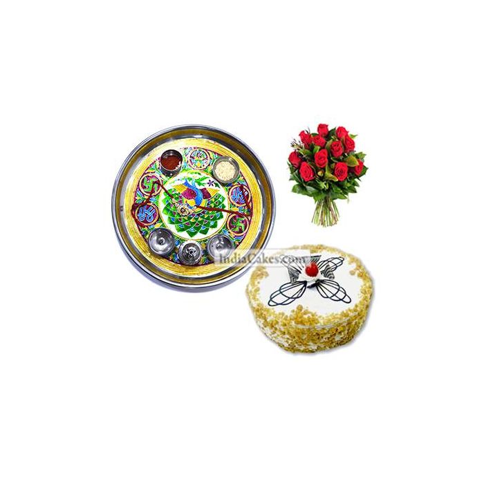Golden Thali With Green Design And Half Kg Eggless Butterscotch Cake And 10 Red Roses Bunch Golden Thali With Green Design And Half Kg Eggless Butterscotch Cake And 10 Red Roses Bunch