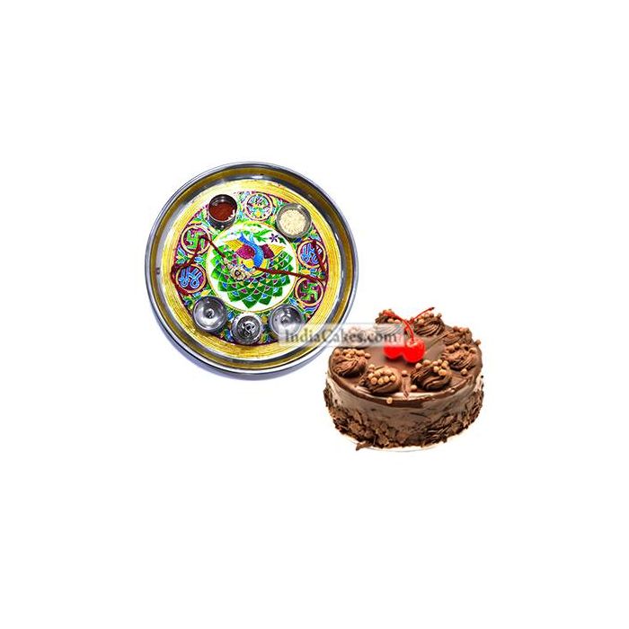 Golden Thali With Green Design And Half Kg Eggless Chocolate Truffle Cake Golden Thali With Green Design And Half Kg Eggless Chocolate Truffle Cake