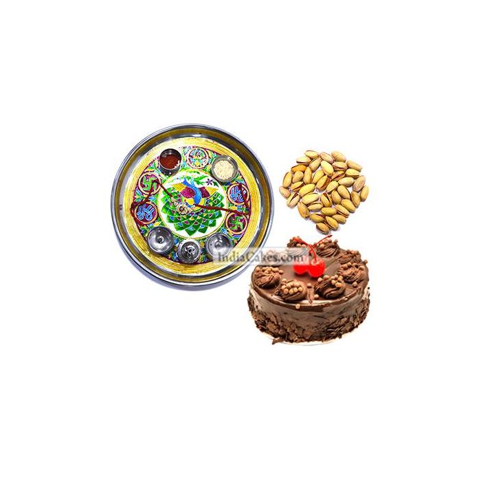 Golden Thali With Green Design And Half Kg Eggless Chocolate Truffle Cake And 250 gms Pista Dryfruits