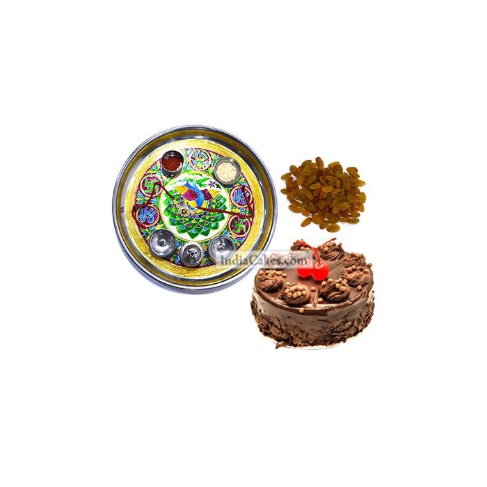Golden Thali With Green Design And Half Kg Eggless Chocolate Truffle Cake And 250 gms Raisins Dryfruits Golden Thali With Green Design And Half Kg Eggless Chocolate Truffle Cake And 250 gms Raisins Dryfruits