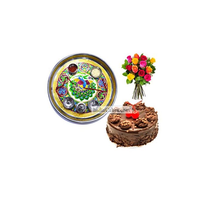 Golden Thali With Green Design And Half Kg Eggless Chocolate Truffle Cake And 10 Mix Roses Bunch Golden Thali With Green Design And Half Kg Eggless Chocolate Truffle Cake And 10 Mix Roses Bunch