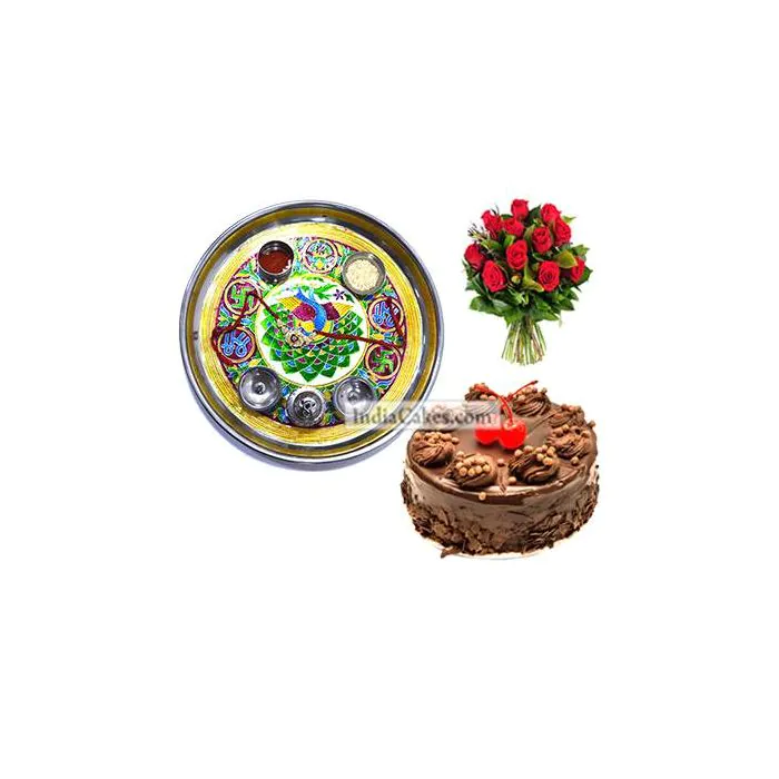 Golden Thali With Green Design And Half Kg Eggless Chocolate Truffle Cake And 10 Red Roses Bunch Golden Thali With Green Design And Half Kg Eggless Chocolate Truffle Cake And 10 Red Roses Bunch