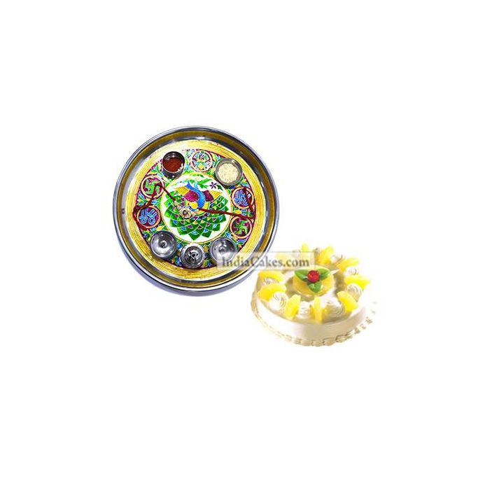 Golden Thali With Green Design And Half Kg Eggless Pineapple Cake Golden Thali With Green Design And Half Kg Eggless Pineapple Cake