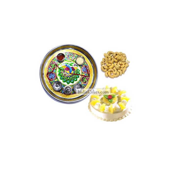 Golden Thali With Green Design And Half Kg Eggless Pineapple Cake And 250 gms Cashew Dryfruits