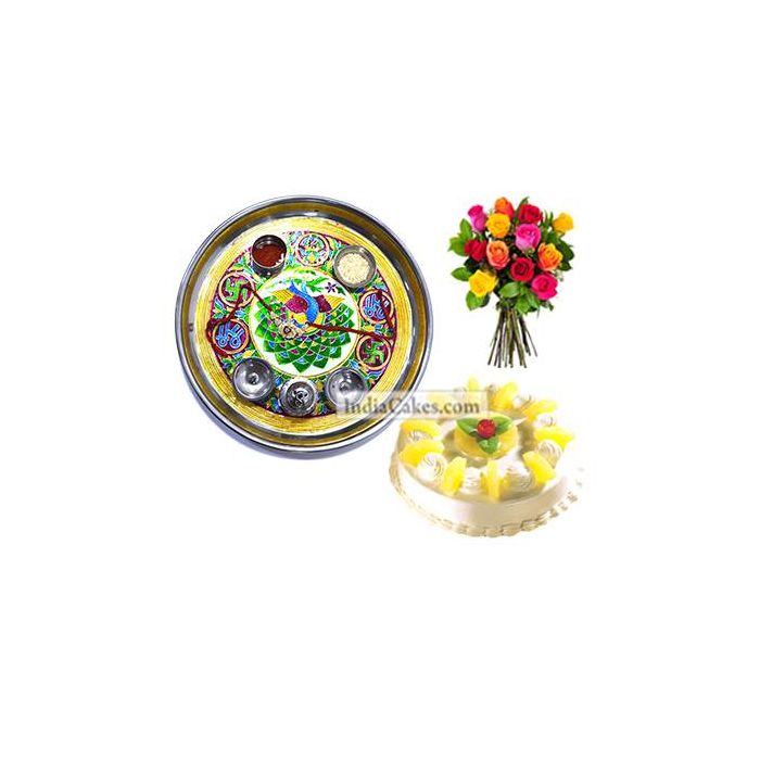 Golden Thali With Green Design And Half Kg Eggless Pineapple Cake And 10 Mix Roses Bunch Golden Thali With Green Design And Half Kg Eggless Pineapple Cake And 10 Mix Roses Bunch