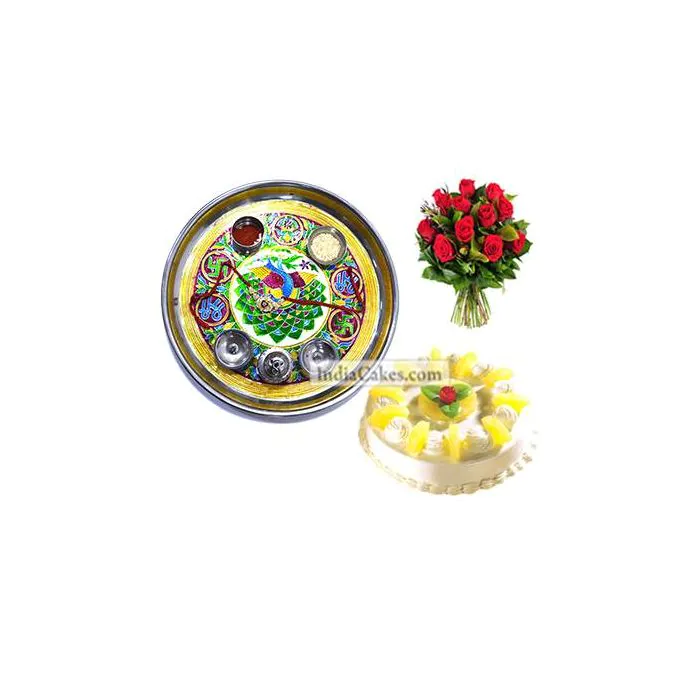 Golden Thali With Green Design And Half Kg Eggless Pineapple Cake And 10 Red Roses Bunch Golden Thali With Green Design And Half Kg Eggless Pineapple Cake And 10 Red Roses Bunch