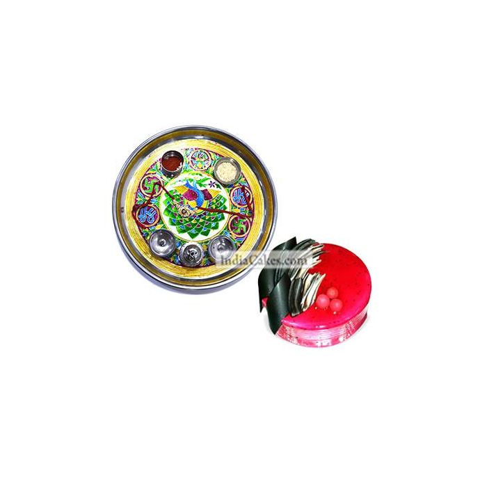 Golden Thali With Green Design And Half Kg Eggless Strawberry Cake Golden Thali With Green Design And Half Kg Eggless Strawberry Cake